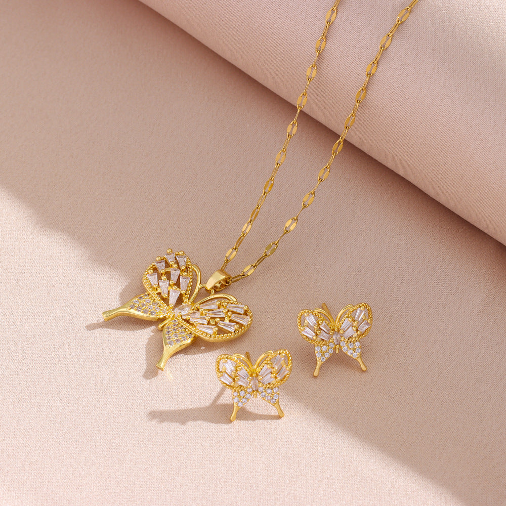 Wholesale  Titanium Steel plated 18K gold full zirconium butterfly necklace earrings set