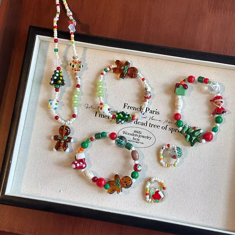 Wholesale Dopamine Christmas color beaded gingerbread man bracelet necklace ring