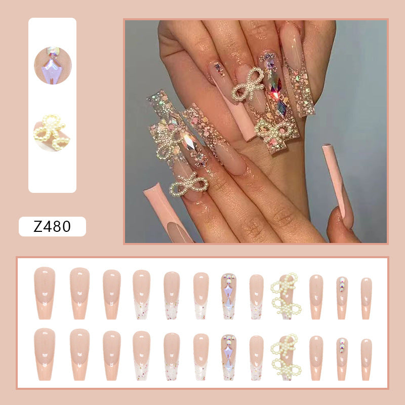 Wholesale 24 Pieces/box Nail Stickers Pearl Bow Rhinestone Manicure Press-on Nails Kits ACC-NS-QiHeng001