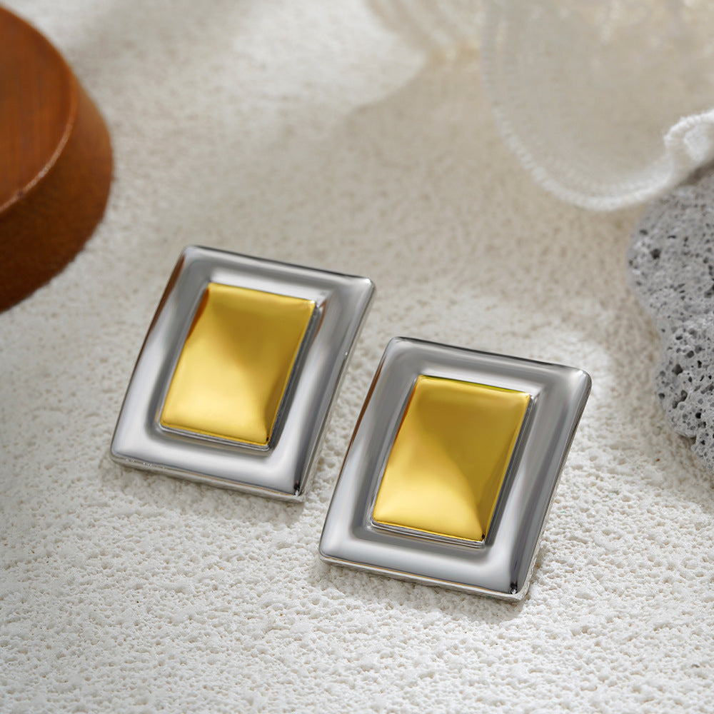 Wholesale 18K gold and silver two-color geometric rectangular exaggerated large earrings