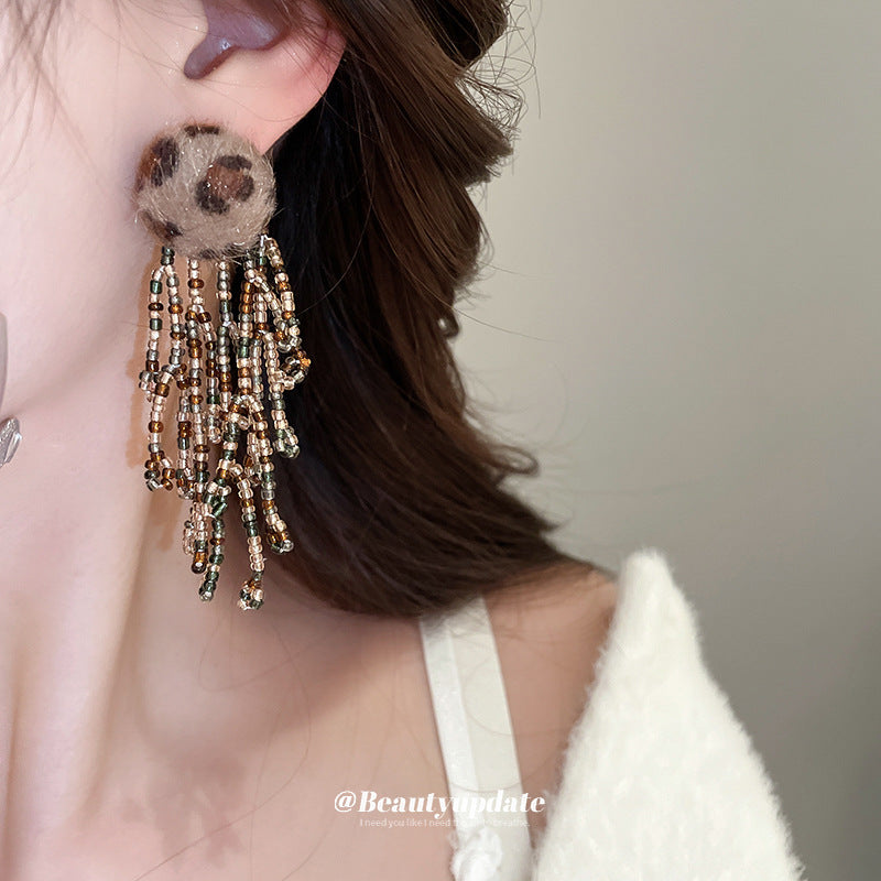 Wholesale Silver needle retro plush leopard print tassel earrings
