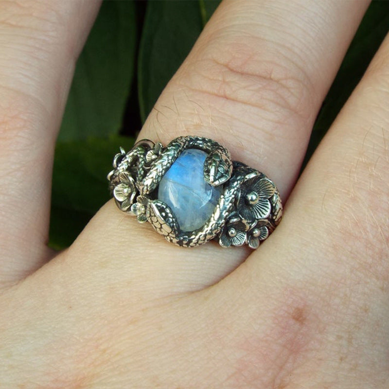 Wholesale Retro Punk Snake Flower Cat S Eye Ring Alloy Electroplated Unisex Jewelry Gift