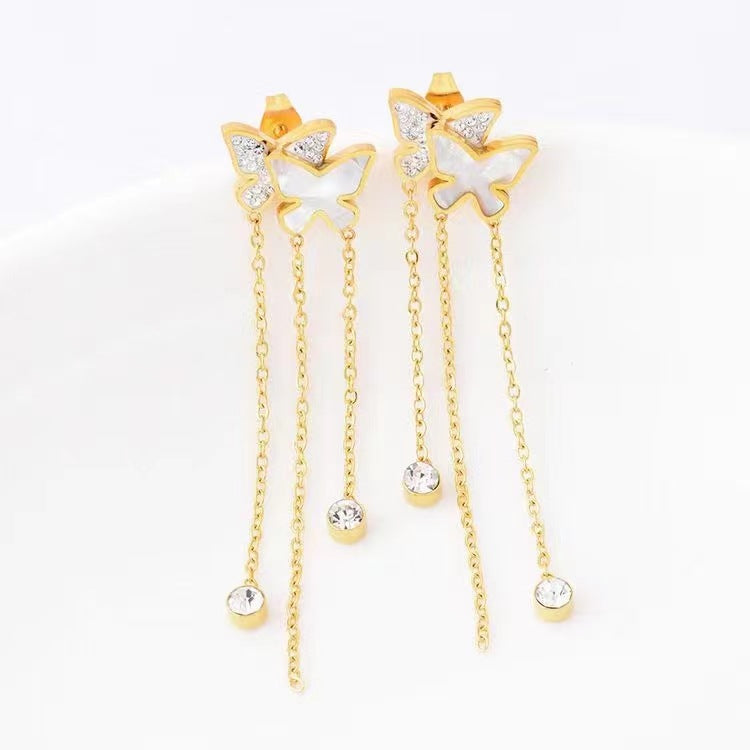 Wholesale Titanium Steel full diamond round pendant mid-length flower earrings