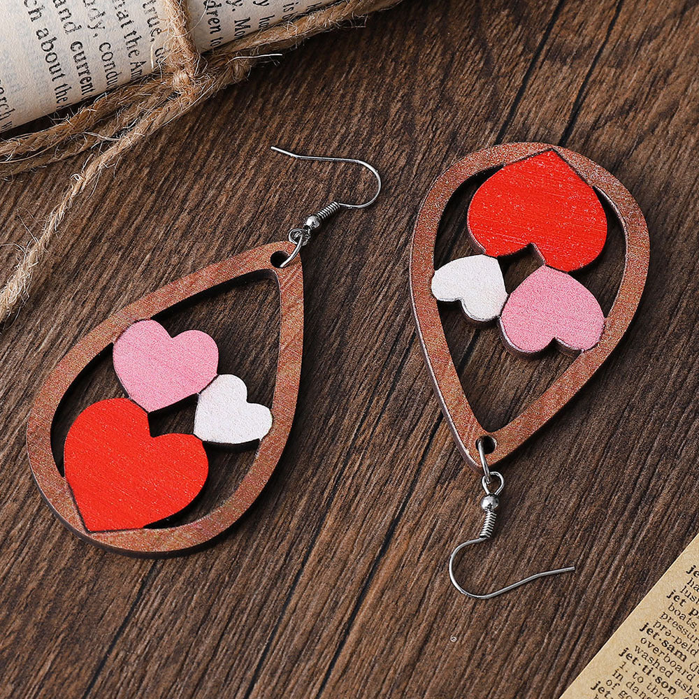 Wholesale water drop lovely double-sided wooden Valentine's Day earrings