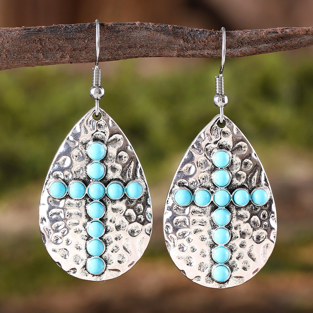 Wholesale Retro Bohemian Geometric Drop-shaped  Turquoise Cross Pendant Earrings