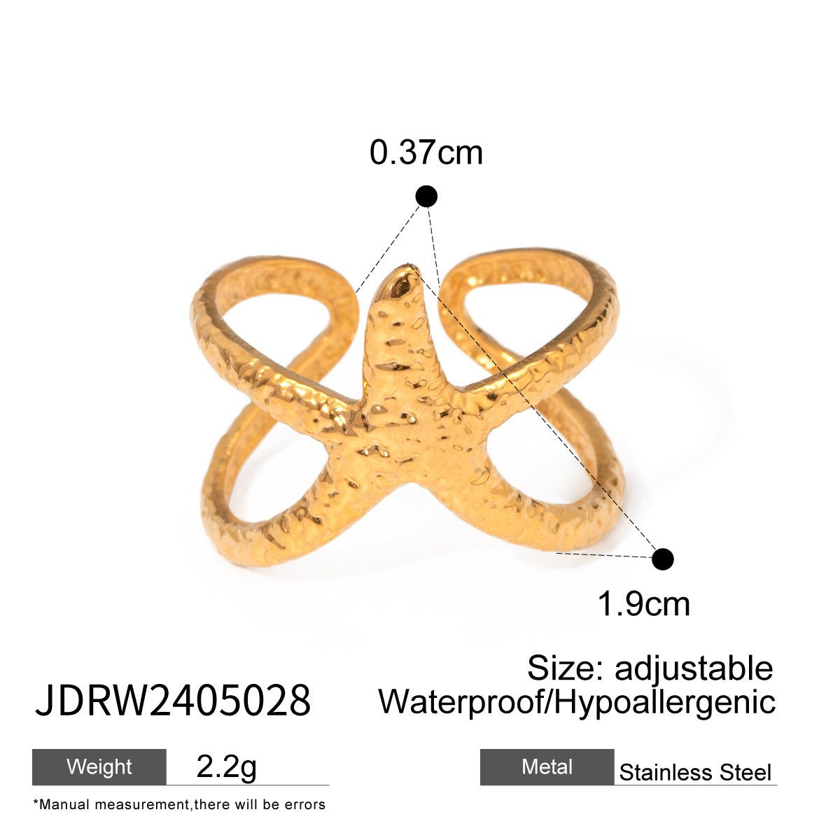 Wholesale 18k gold stainless steel starfish opening ring