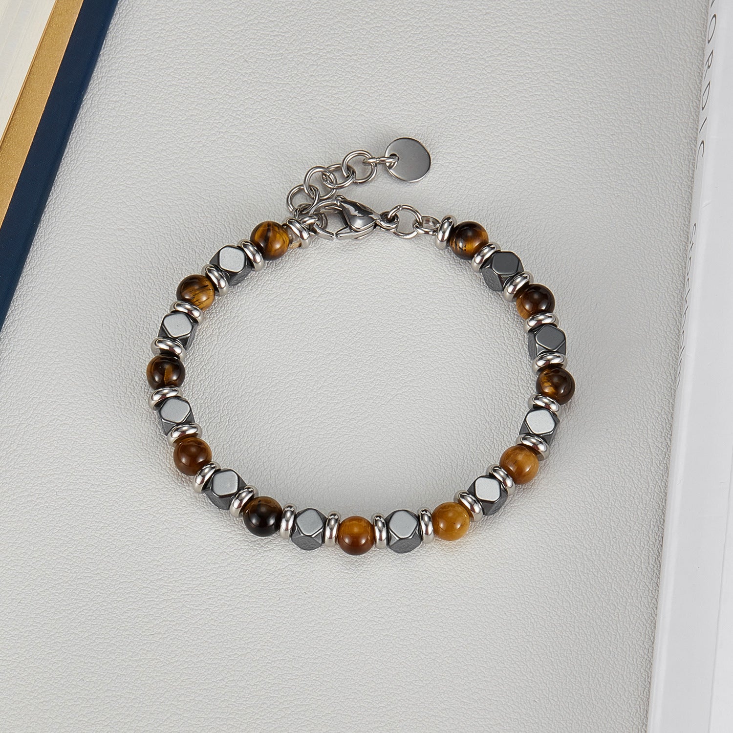 Wholesale  tiger eye stone stitching black stone stainless steel bracelet