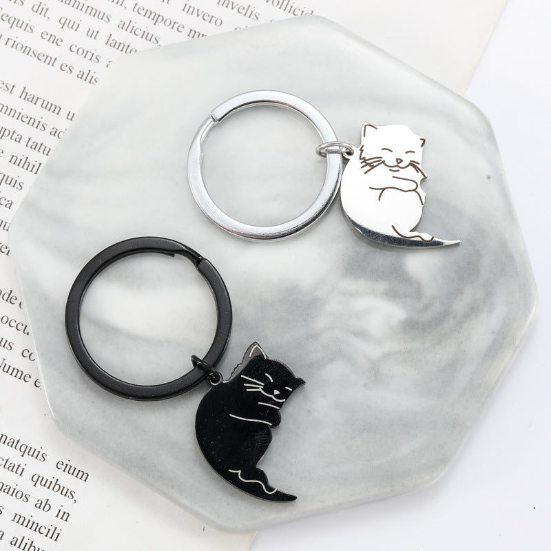 Wholesale Creative Cute Cartoon Black and White Cat Titanium Steel Keychain ACC-KC-Chuno001