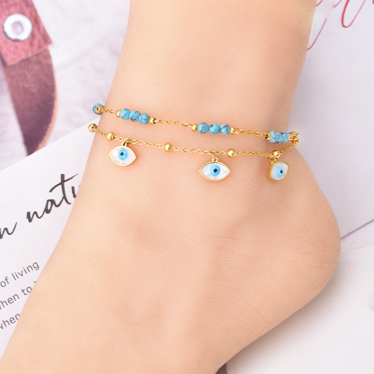 Wholesale double-layer anklet turquoise lucky beads  anklet