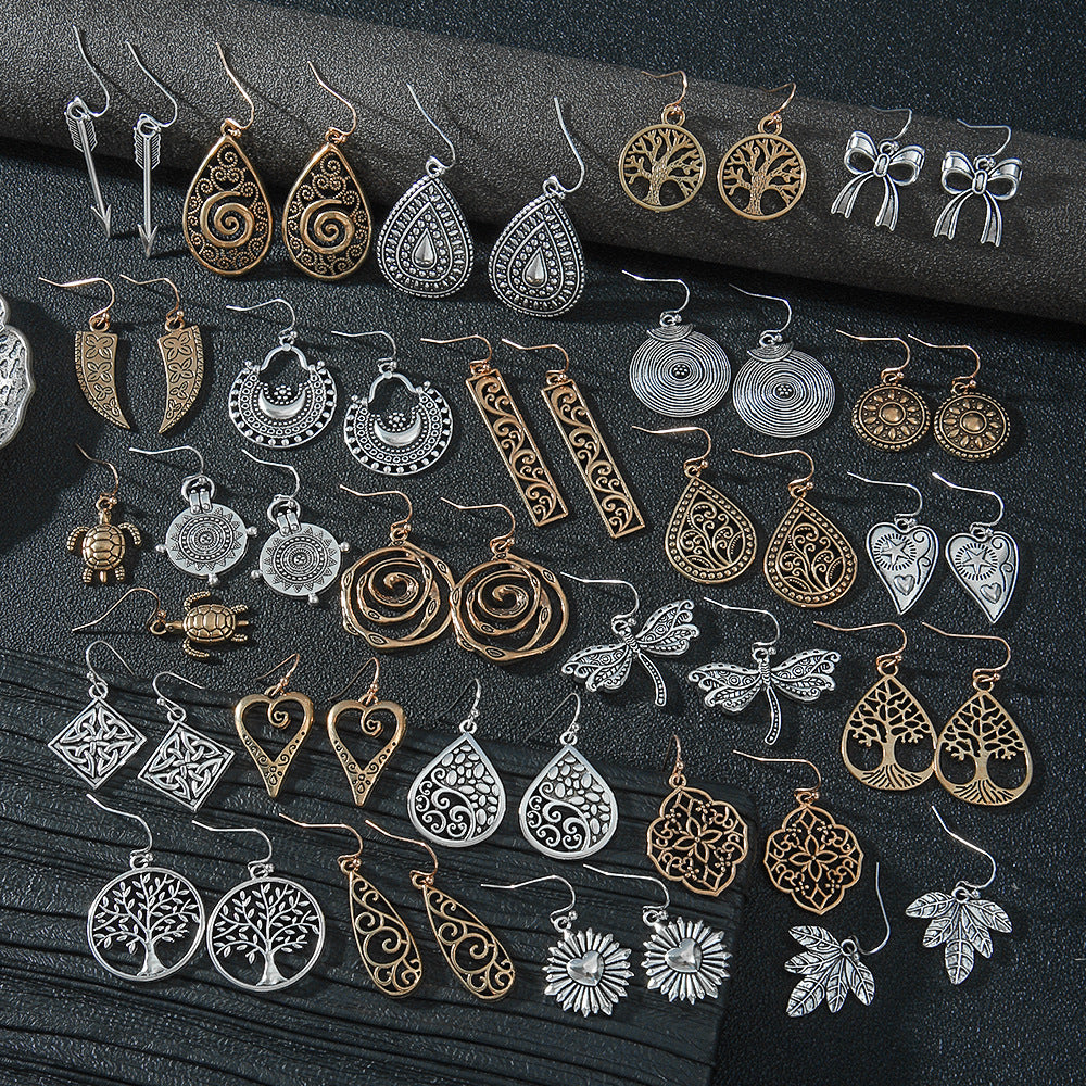 Wholesale Antique Silver Geometric Earring Set Ethnic Style Fashion Jewelry Accessory