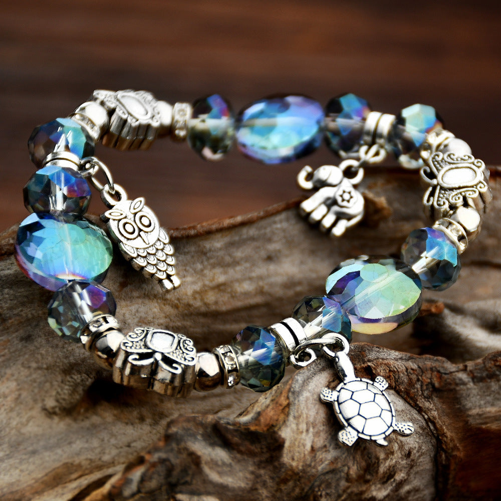 Wholesale Ethnic Style Crystal Bead Bracelet with Elephant Pendant,  Vintage Silver Tone,  Fashion Jewelry Accessory,  Travel Souvenir Gift