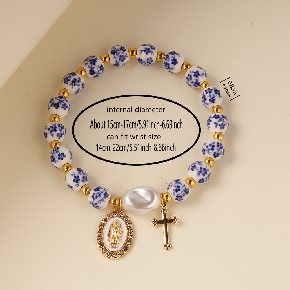 Wholesale 2PCS Blue and white porcelain ceramic man-made pearl cross bracelet
