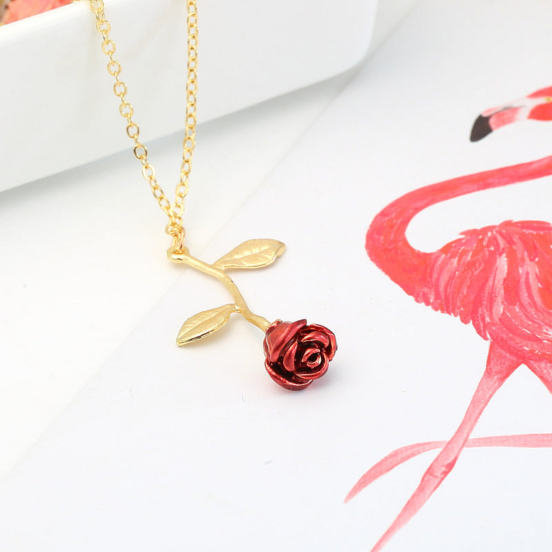 Wholesale Creative Water Drop Red Rose Necklace