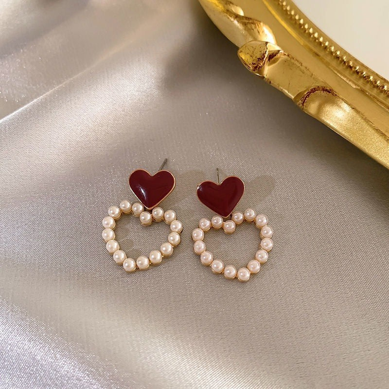 Wholesale Trendy Heart Shape Love Earrings in Burgundy Alloy - Boutique Accessory