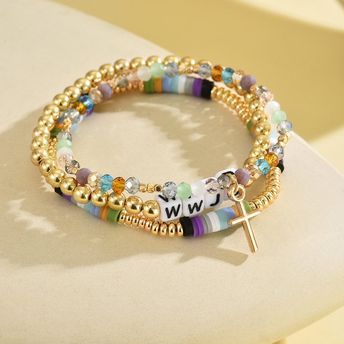 Wholesale Polymer clay letter and cross pendant stretch bracelet set