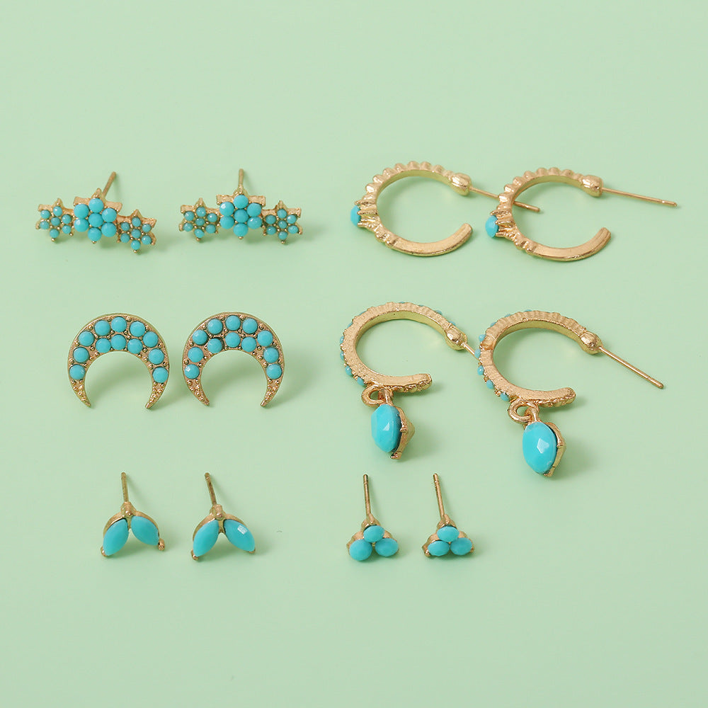 Wholesale  metal turquoise star moon leaf geometric female earrings