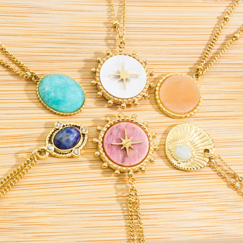 Wholesale  Titanium Steel 316L Cut Face Natural Stone Mang Star 14K Gold Necklace