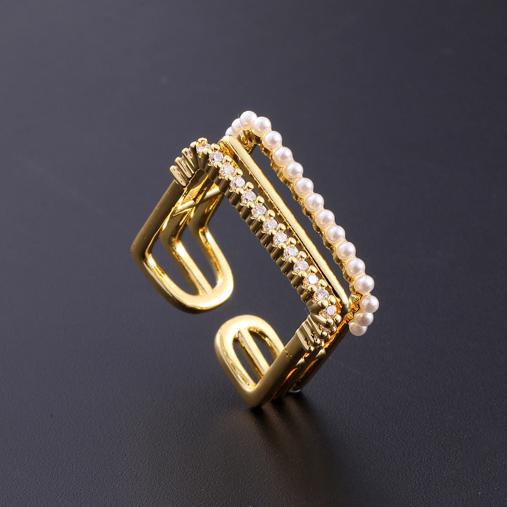 Wholesale European Fashion Sparkling Gold Plated Copper Zircon Open Ring Geometric Chic Jewelry Accessory Gift