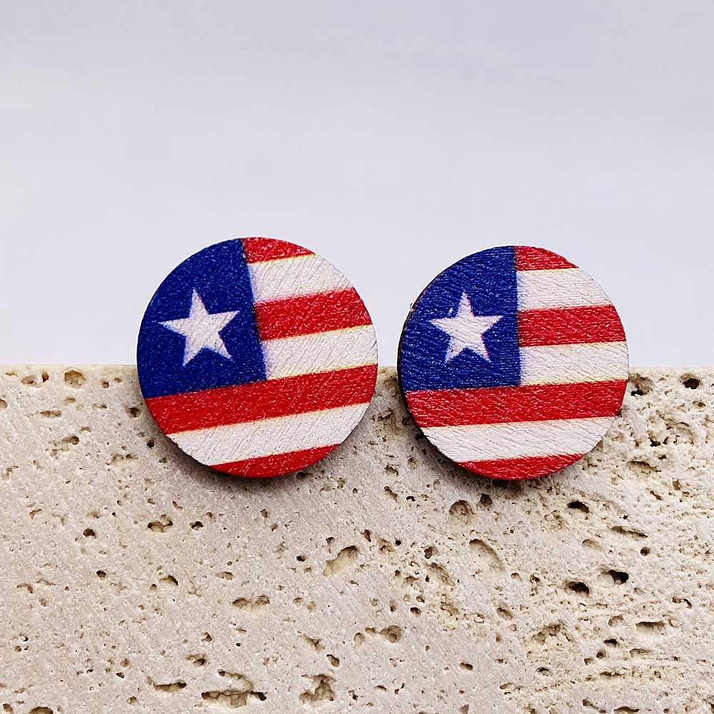 Wholesale Independence Day  American Flag Eagle Round Five-pointed Star Printed Wooden Earrings