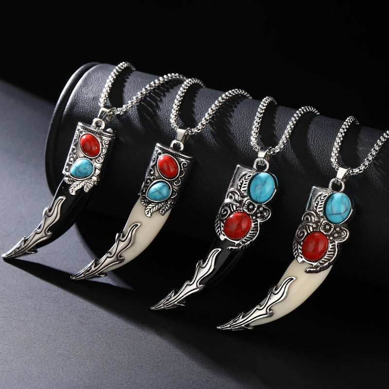 Wholesale Stainless Steel Ethnic Retro Wolf Tooth Pendant Necklace White Charm With Pearl Chain Fashion Accessory For Everyday Wear