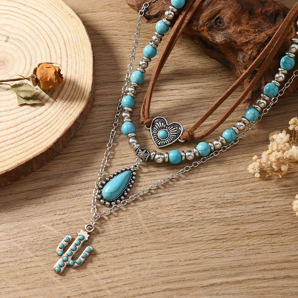 Wholesale Vacation Seaside Ladies Style Turquoise Clavicle Chain Niche Beaded Necklace Set Ethnic Style Heart