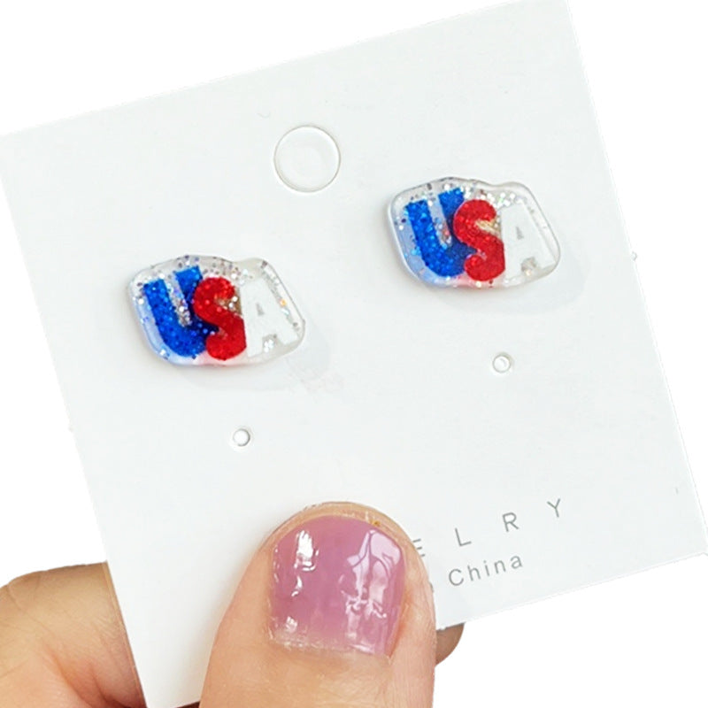 Wholesale  Independence Day National Flag Love Stars Letter Shining Oil Simple Ear Studs Earrings
