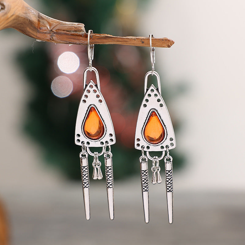 Wholesale Retro Tribal Geometric Amber Triangle Tassel Earrings - Silver Alloy Jewelry,  Party Wear Fashion Accessory