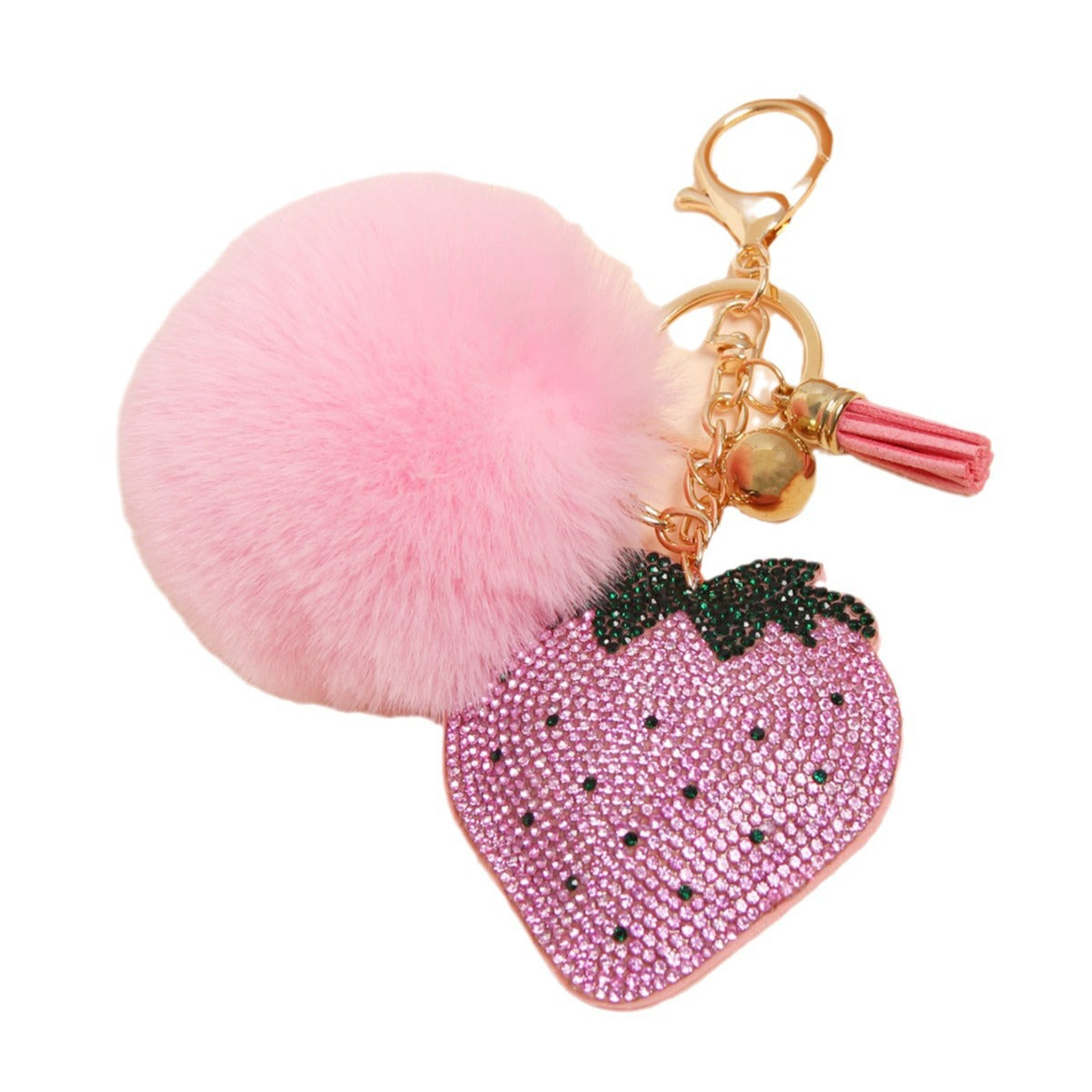 Wholesale Rhinestone Strawberry Heart-shaped Keychain Women' s Luggage Fur Ball Tassel Pendant Fashion South Korea Rhinestone Hanging Small Gift