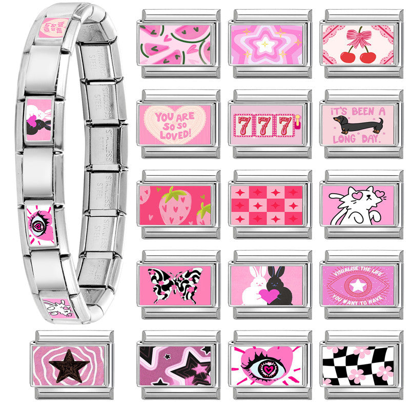 Wholesale Italian Charm Bracelet 9mm DIY Splicing Pink Stainless Steel Composable Bracelet