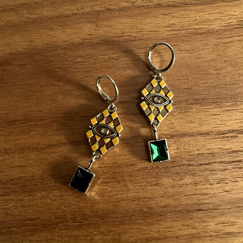 Wholesale Electroplated Alloy Retro Two-Color Green Zircon Geometric Earrings Fashion Accessory Gift
