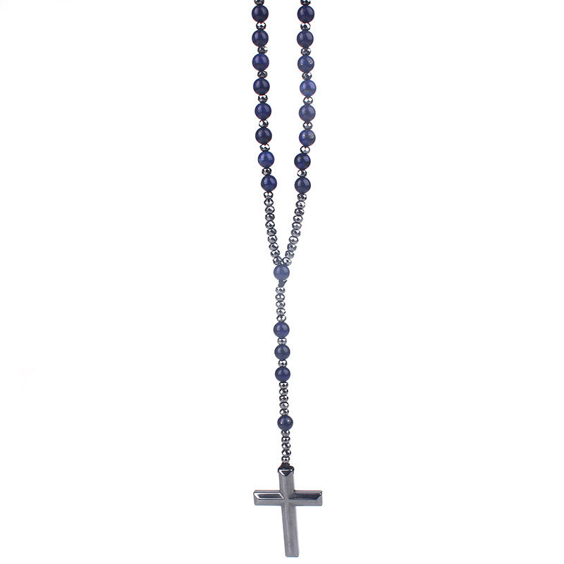 Wholesale Religious Gallstone Cross Pendant Natural Black Glitter Obsidian Lapis Necklace
