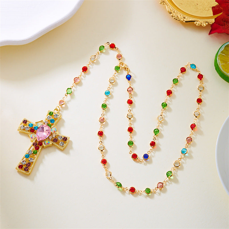 Wholesale  Colorful Diamond-Encrusted Beaded Cross Pendant Necklace