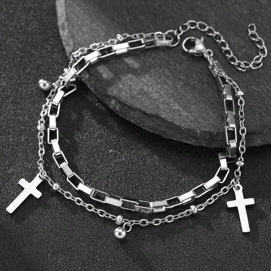 Wholesale European Retro Men' s Double-Layer Cross Bracelet Alloy Chain Round Bead Pendant Fashion Accessory