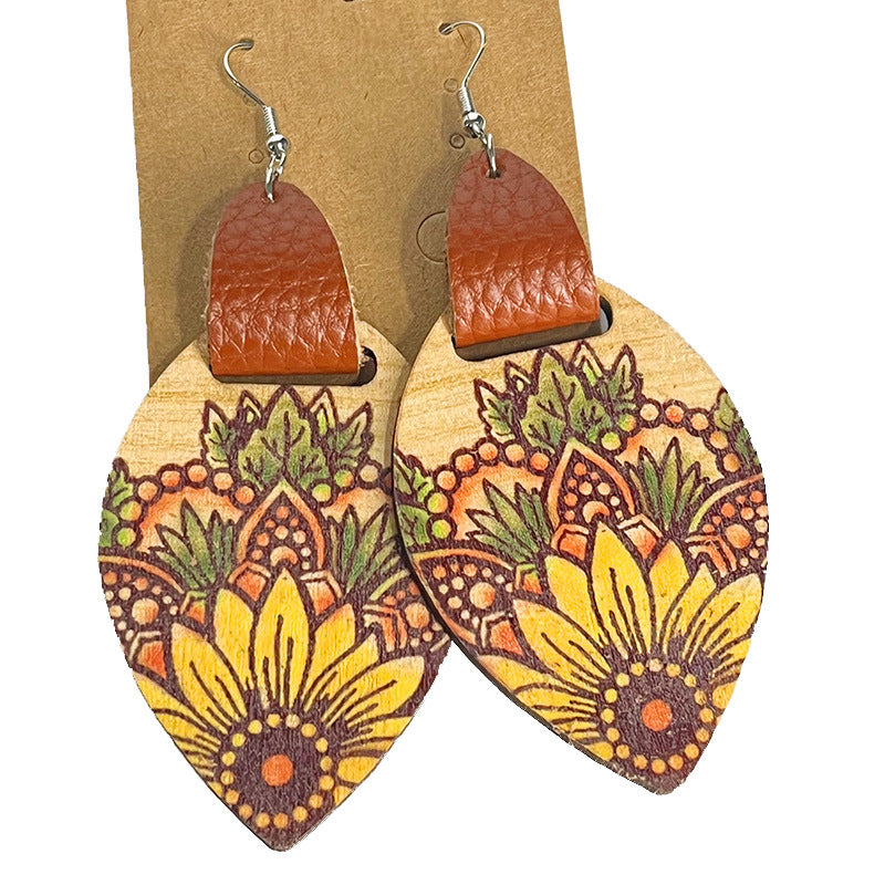 Wholesale 2 Pairs/pack Vintage Genuine Leather Bohemian Ethnic Style Sunflower Wooden Earrings ACC-ES-HY059