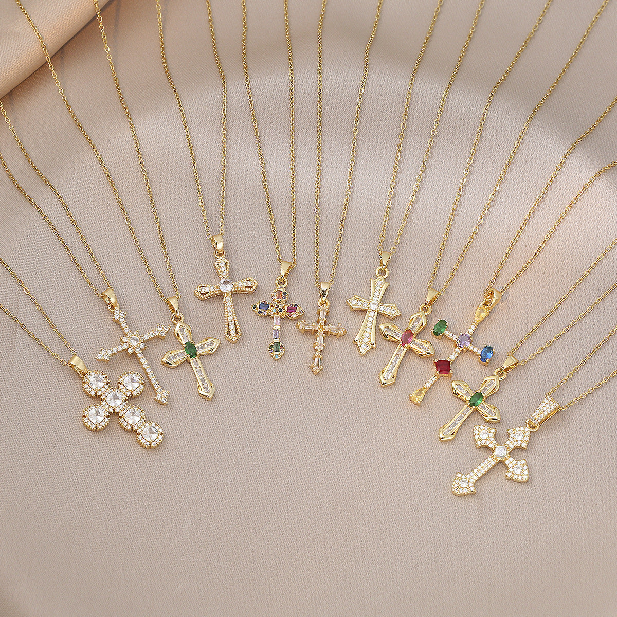 Wholesale Chic Cross Pendant Necklace Colored Zircon Copper Plated Fashion Accessory For Women