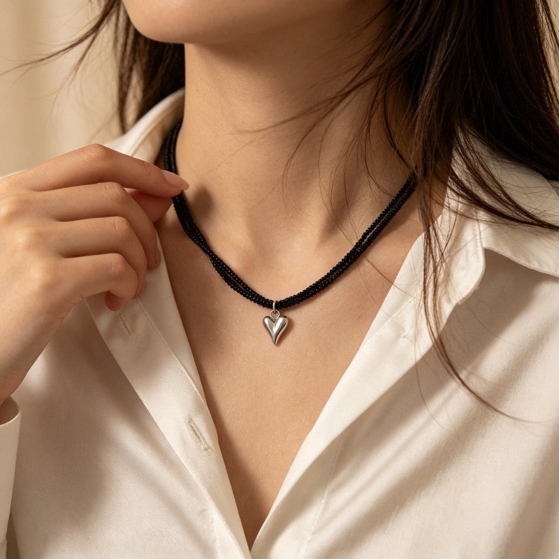 Wholesale Black Rice Bead Heart Pendant Necklace Double Layer Clavicle Chain Trendy Fashion Accessory For Women Gift Boutique Resale
