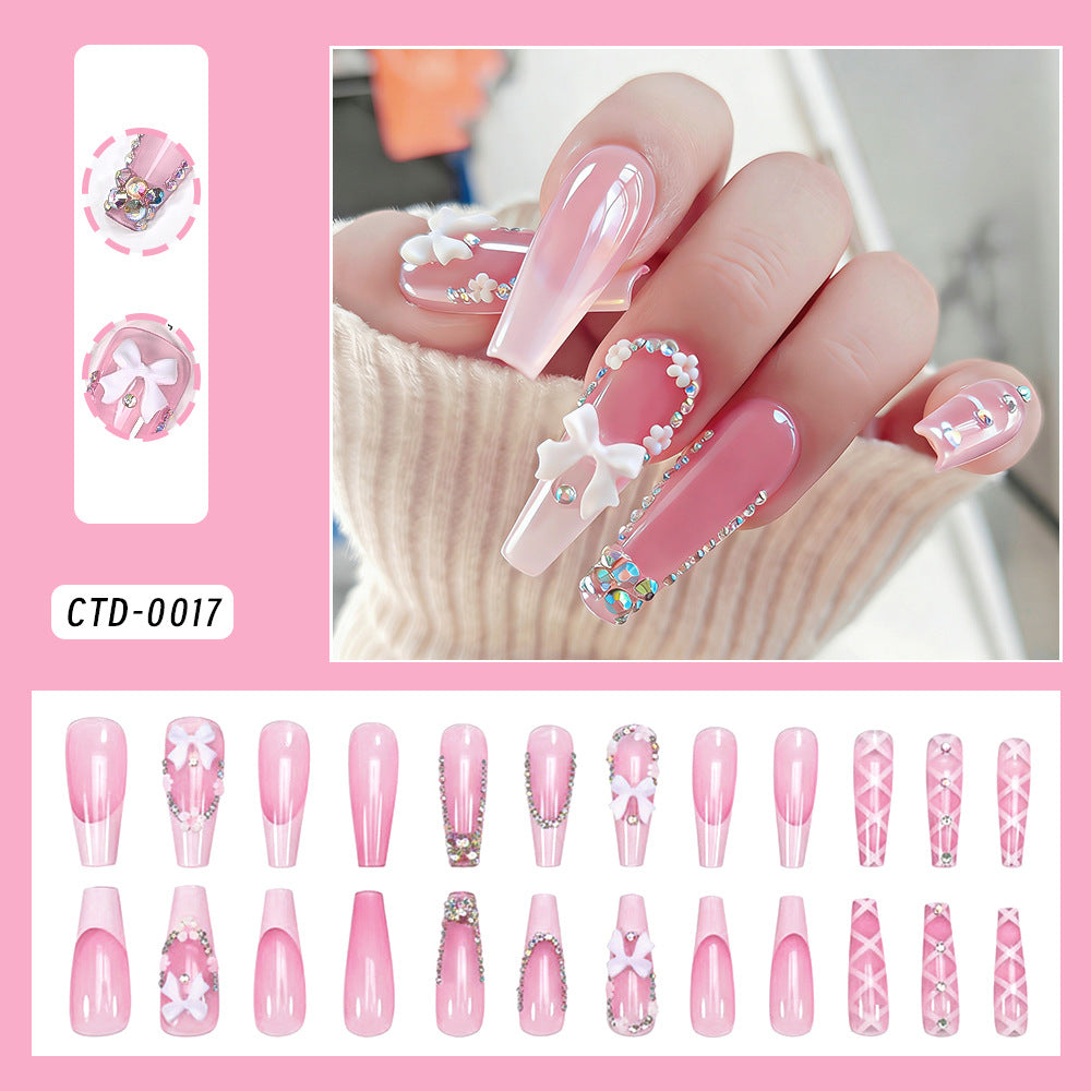 Wholesale Cartoon Bowknot Rhinestone Almond Short Square Press On Nails 24Pcs Trendy Fashion Accessory