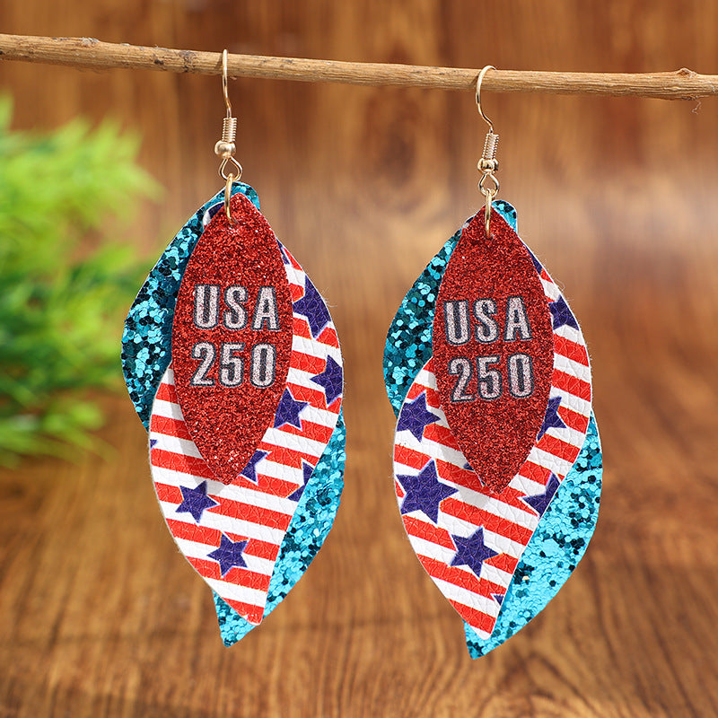Wholesale Women' s Independence Day Leather Earrings with Teardrop and Stars ( for Women)  - Cross-border E-commerce from Europe and America ( Amazon)