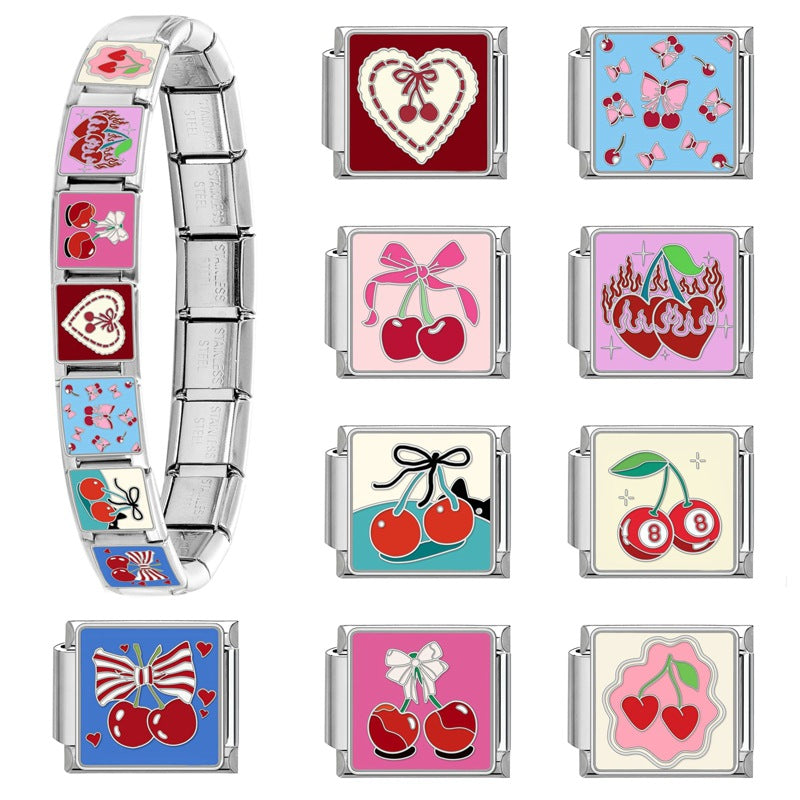 Wholesale Nature Italian Charms DIY square cherry Section Creative Stainless Steel Composable Bracelet