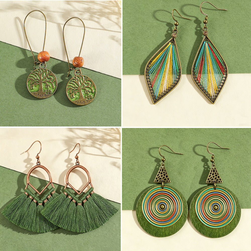 Wholesale Bohemian Tree of Life Tassel Earrings Green Fashion Jewelry Accessory Gift