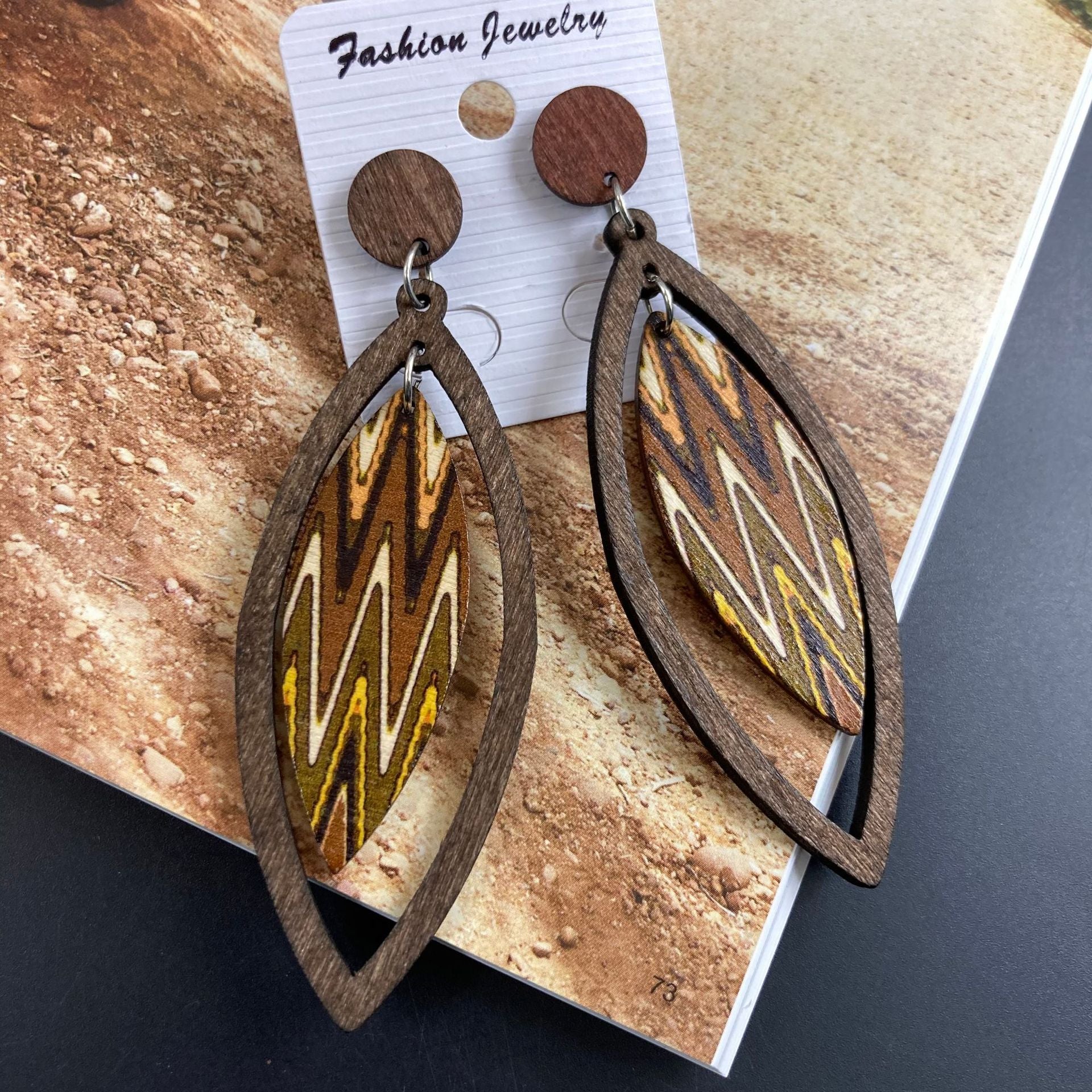Wholesale Vintage Bohemian Geometric Wooden Leaf Earrings ACC-ES-FX012