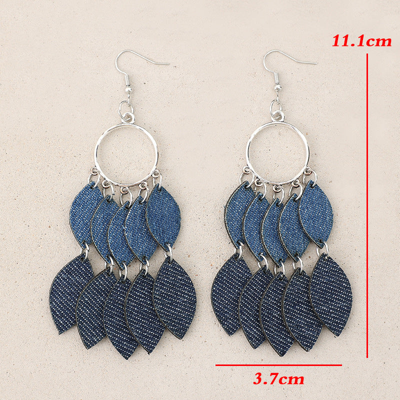 Wholesale PU Leather Leaf Tassel Earrings Retro Denim Light Blue Jewelry Accessory
