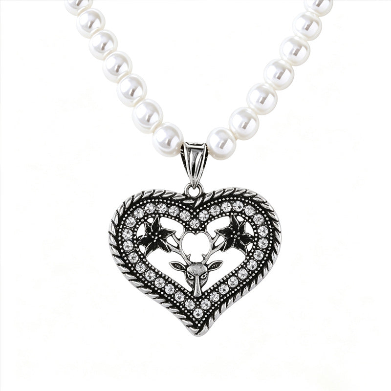 Wholesale Vintage Love Deer Head Heart Pendant Collarbone Chain Necklace,  Alloy Electroplated with Faux Pearl,  Jewelry Accessory for Women