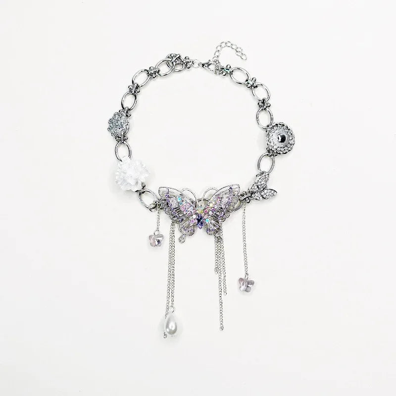 Wholesale Flower Light Luxury  Retro Exaggerated Three-Dimensional Crystal Butterfly Tassel Clavicle Chain