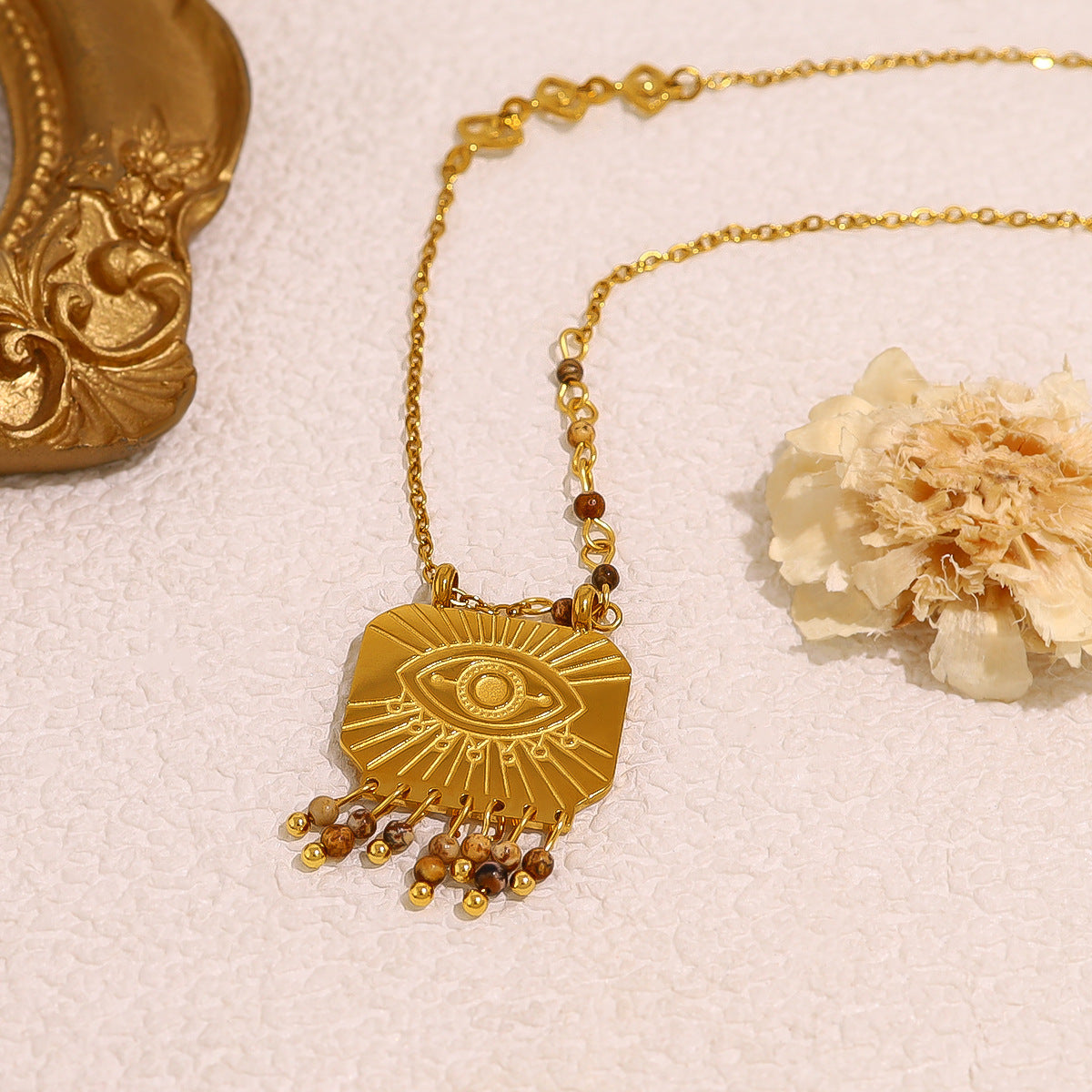 Wholesale Titanium Steel Vintage Natural Stone Square Pendant  Devil's Eye Neck Chain