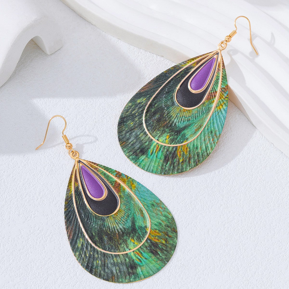 Wholesale Trendy Green Peacock Print Water Drop Earrings For Women Party Jewelry Accessory