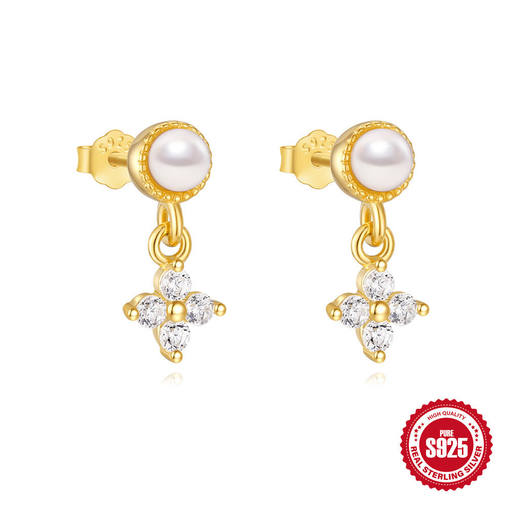 Wholesale  S925 Sterling Silver  Cute Petal Diamond Pearl Earrings