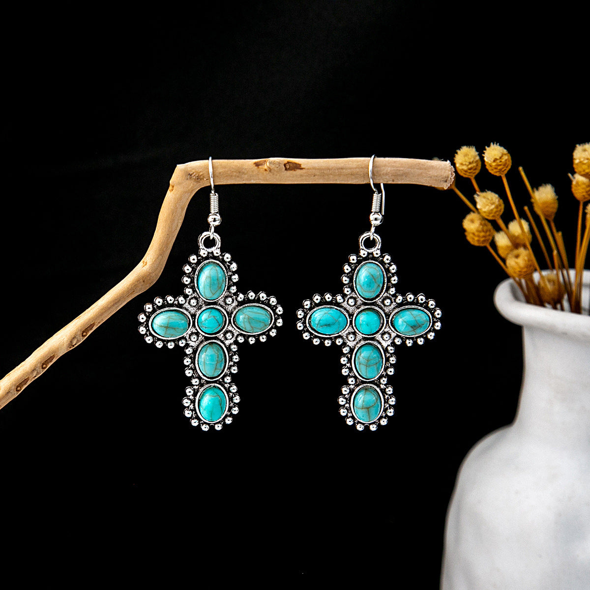 Wholesale retro ethnic style hollow flower tassel turquoise owl alloy earrings ACC-ES-MDD009