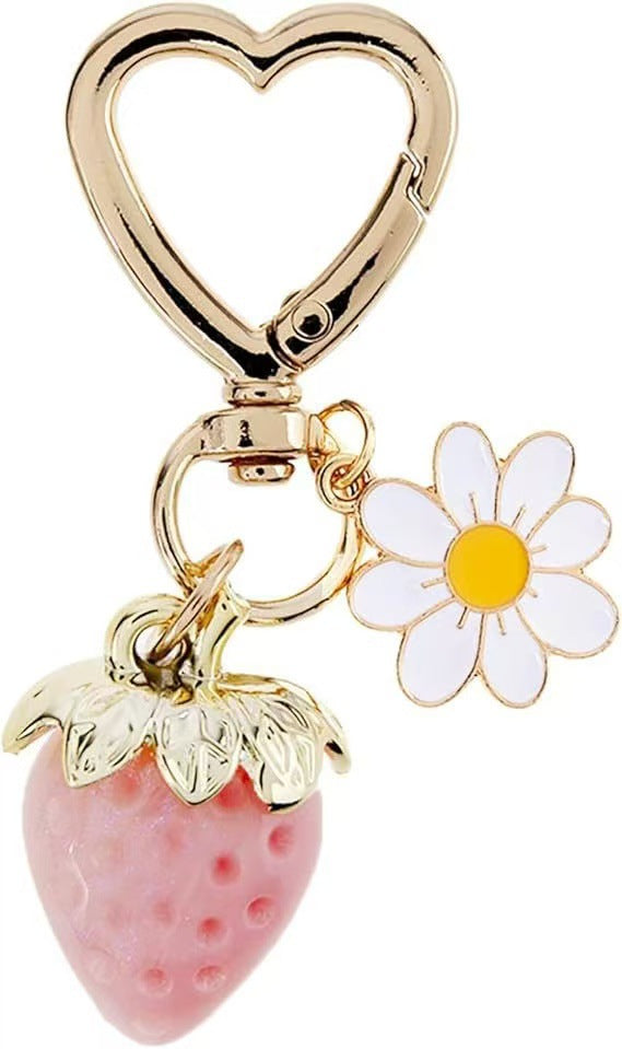 Wholesale Cute Strawberry Pearl Bow Bag Charm Keychain Plastic Resin Pendant Boutique Resale Car Key Accessory