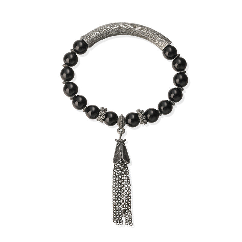 Wholesale New Chinese Style Gun Black Stone Bead Bracelet With Tassel Unisex Retro Wedding Gift Jewelry Accessory